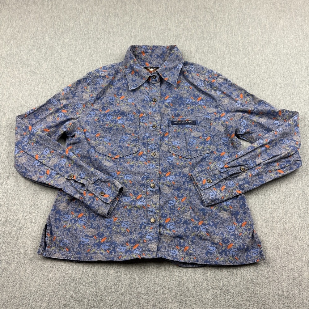 Harley Davidson Shirt Womens Small Purple Paisley Snap Front Button Up Biker